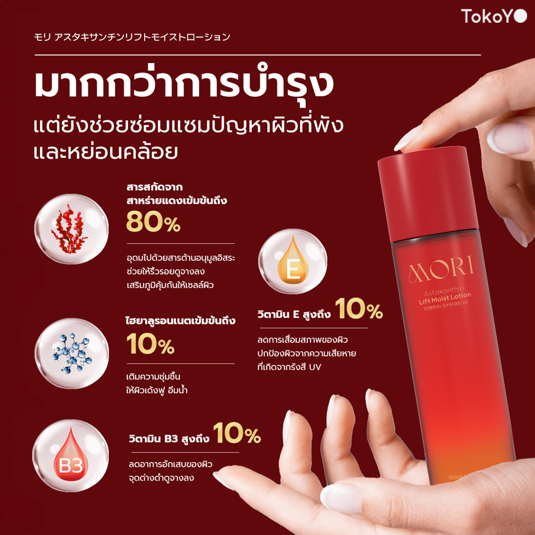 [คู่หูผิวผ่องเต่งตึง] 7 Mins MORI Blood Orange Mask| โมริ มาส์กส้มสีเลือด 7 นาที - 1 กล่อง + MORI Astaxanthin Lift Moist Lotion | โมริ แอสตาแซนธิน ลิฟท์ มอยส์ โลชั่น 120 ml. 1 ชิ้น